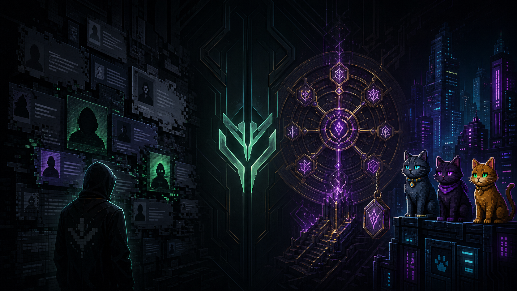 Dark futuristic artwork combining an anonymous forum wall, a rune wheel, and pixel cats in a neon city.