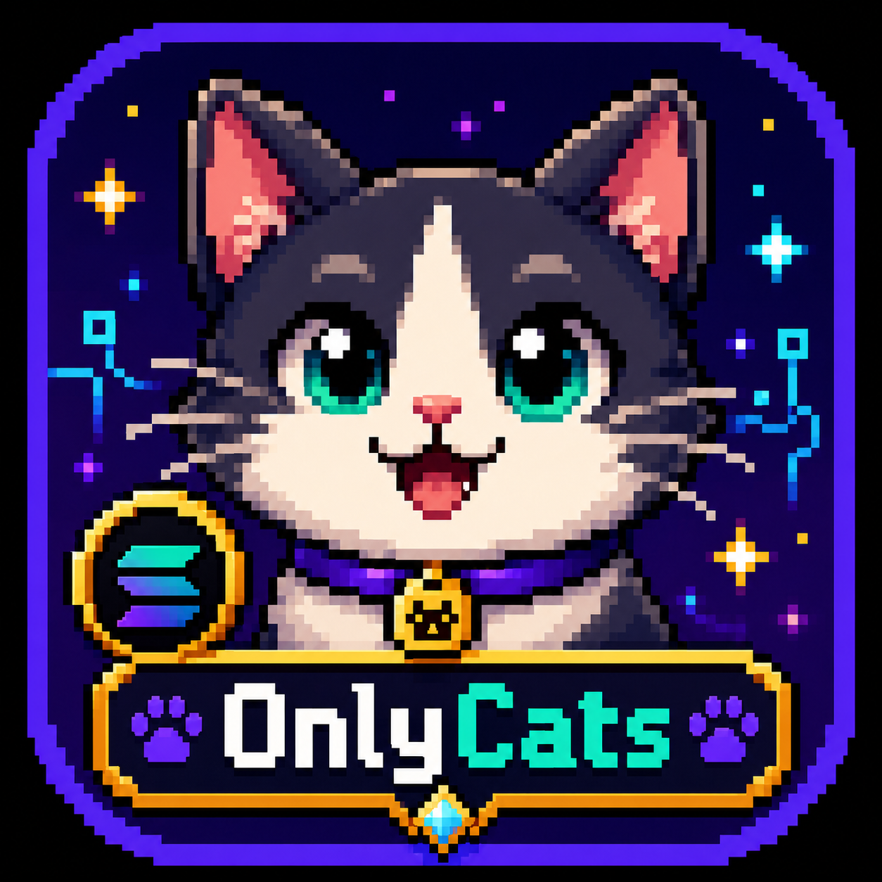 Only Cats pixel-art cat with a Solana coin and purple neon frame.