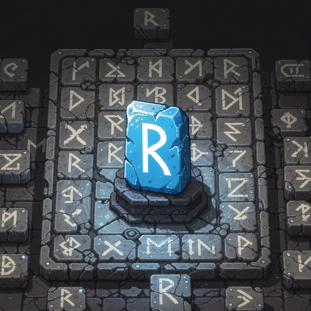 A glowing blue rune stone surrounded by carved rune tiles.